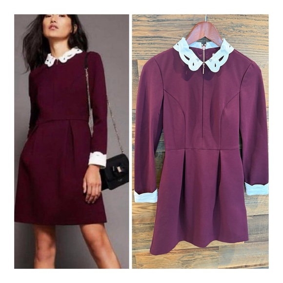 Ted Baker Dresses & Skirts - Ted Baker Burgundy Shealah Mini Dress with White Cuff & Collar Accents LIKE NEW